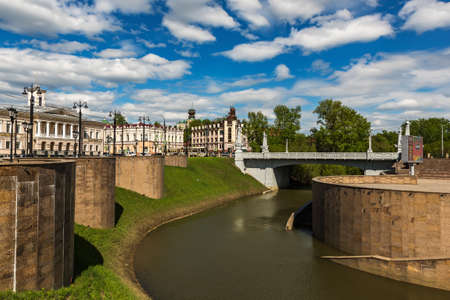 Tomsk Russia - May 20, 2021. The embankment of the Ushayka river and the old bridge in the Governors district of Tomskのeditorial素材