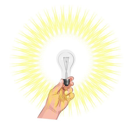 Color image of a hand holding a burning light bulb on a white backgroundのイラスト素材