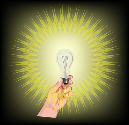 Color image of a hand holding a burning light bulb on a black backgroundのイラスト素材