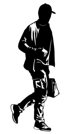 Black and white image of a man walking with a small bag vector illustrationのイラスト素材
