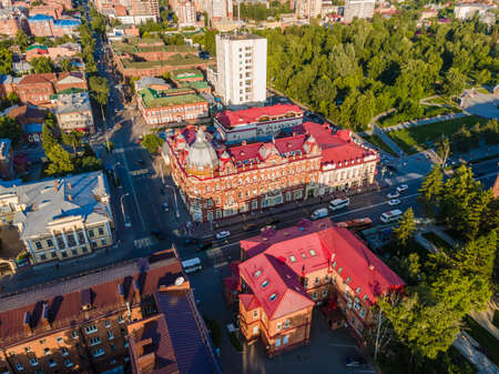 Tomsk, Russia - July 2, 2021. View from a height to the central street of Tomsk, Lenin Avenueのeditorial素材