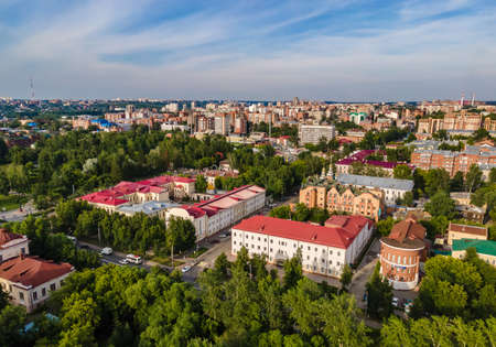 Tomsk, Russia - July 2, 2021. View from a height to the central street of Tomsk, Lenin Avenueのeditorial素材