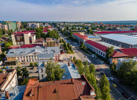 Tomsk, Russia - July 2, 2021. View from a height to the central street of Tomsk, Lenin Avenueのeditorial素材