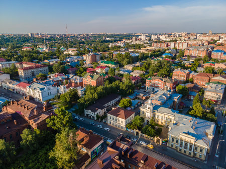 Tomsk, Russia - July 2, 2021. View from a height to the central street of Tomsk, Lenin Avenueのeditorial素材