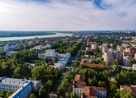 Tomsk, Russia - July 2, 2021. View from a height to the central street of Tomsk, Lenin Avenueのeditorial素材