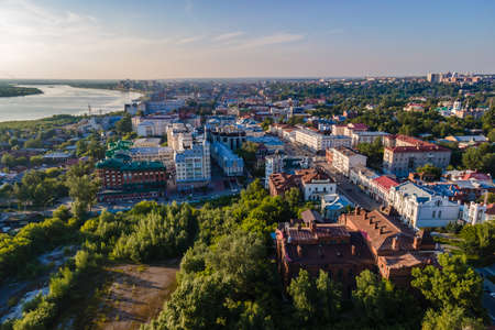 Tomsk, Russia - July 2, 2021. View from a height to the central street of Tomsk, Lenin Avenueのeditorial素材