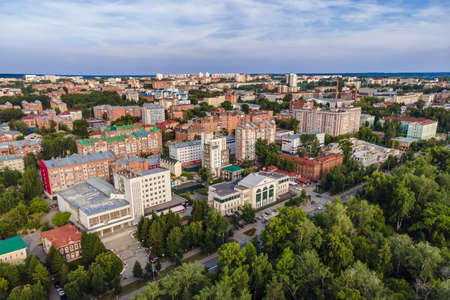 Tomsk, Russia - July 2, 2021. View from a height to the central street of Tomsk, Lenin Avenueのeditorial素材