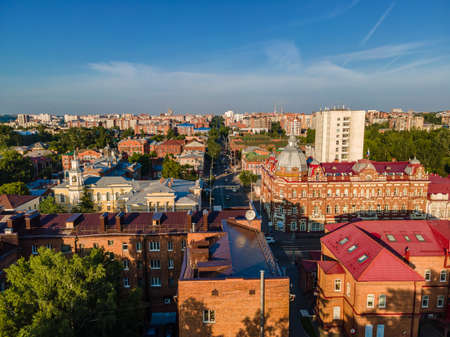 Tomsk, Russia - July 2, 2021. Aerial vew of the central part of the city at the intersection of Lenin and Frunze avenuesのeditorial素材