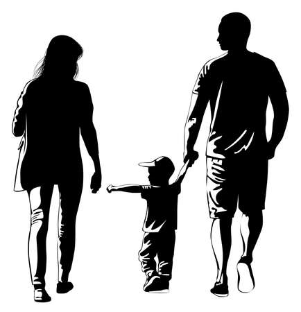 Black and white silhouette image of a walking family with a child vector illustrationのイラスト素材