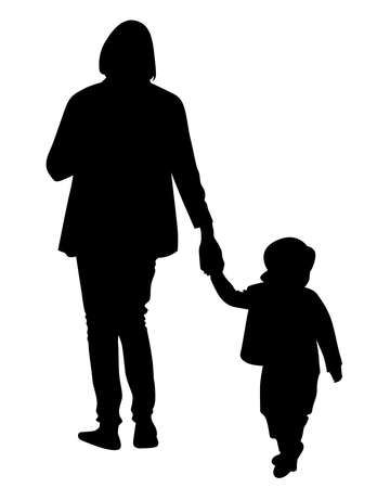 Black silhouette of a mother leading her daughter by the hand vector illustrationのイラスト素材