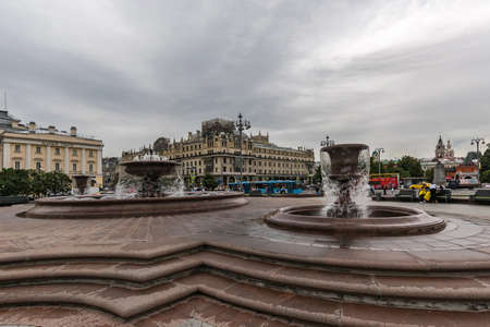Moscow, Russia - August 5, 2021. Fountains of theatrical square near the Bolshoi Theater and the building of the Metropol hotelのeditorial素材