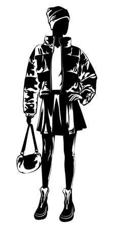 Black and white image of a girl in a down jacket with a handbag vector illustrationのイラスト素材