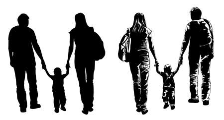 Black and white image of a young family walking with a child hand in handのイラスト素材