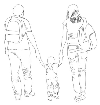 Black and white image of a young family walking with a child hand in handのイラスト素材
