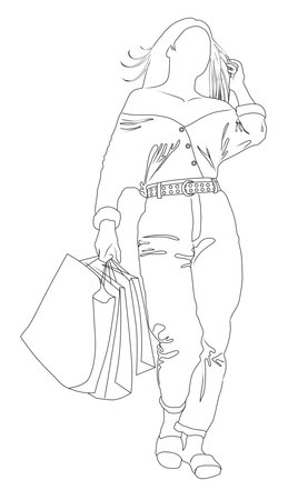 Contour image of a girl walking with packages from the store vector illustrationのイラスト素材