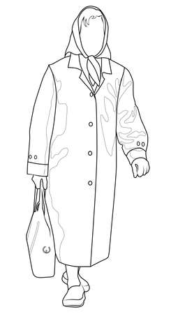Contour image of an elderly woman in a coat and headscarf vector illustrationのイラスト素材