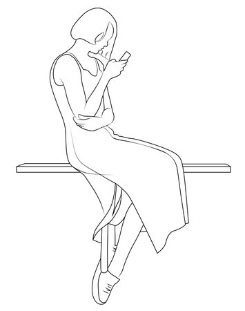Contour image of a girl sitting with a phone in her hand Vector illustrationのイラスト素材