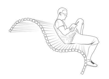 Contour image of a young man sitting on a bench with a phone in his hand vector illustrationのイラスト素材