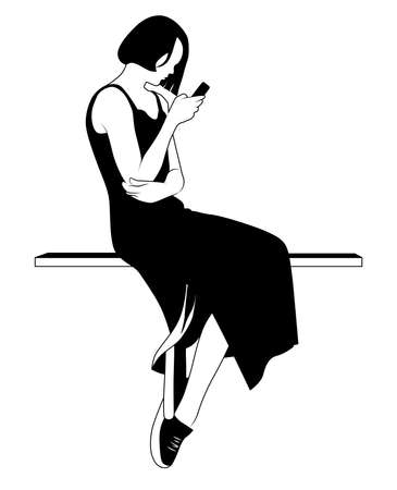 Black and white image of a girl sitting with a phone in her hand Vector illustrationのイラスト素材