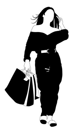 Black and white image of a girl walking with packages from the store vector illustrationのイラスト素材