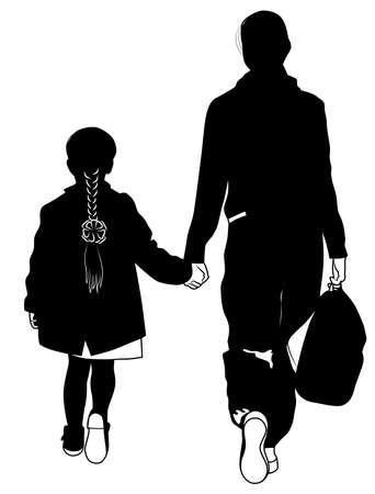 Black and white image of mother with daughter going to school vector illustrationのイラスト素材