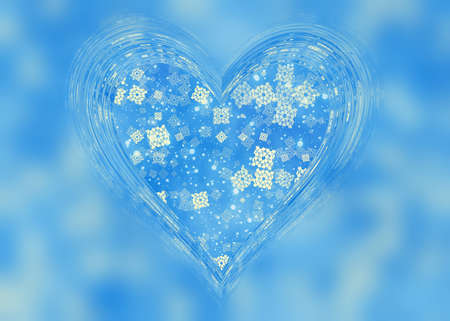 blue glass frame of heart shape with winter snowの写真素材