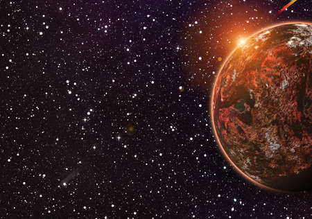 red planet on cosmos stars backgrounds with flash and flare effectの写真素材