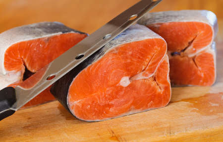frozen red pieces of red fish. delicacy kosher foodの写真素材