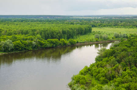 landscape view on river and forestの写真素材