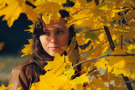 beauty woman standing in yellow autumn leavesの写真素材