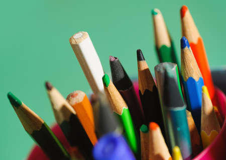 many multicolored pencils in a box. Selective focus techniqueの写真素材