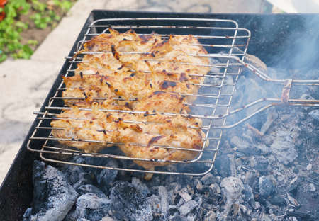 many chicken roast meat pieces with onion on grillの写真素材
