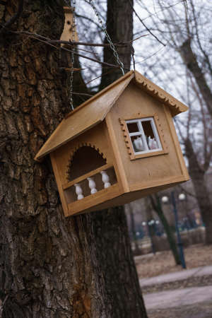 wooden birdhouse hang on a treeの写真素材