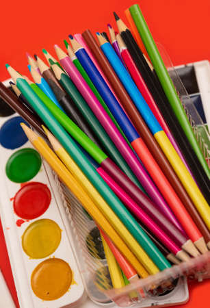 lots of colored pencils and watercolors. Set for children's creativityの写真素材