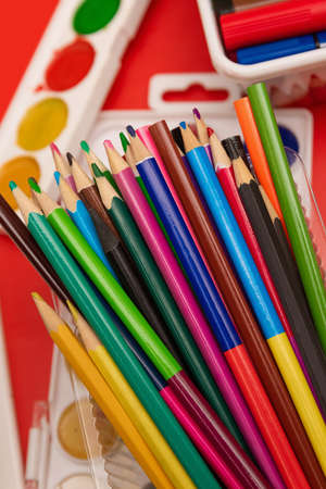lots of colored pencils and watercolors. Set for children's creativityの写真素材