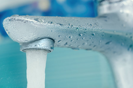 water drops on the faucet in the bathroom. Macro photo. freshness and cleanliness. Selective focus.の写真素材