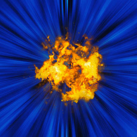 a fiery flash of fire against the background of blue speed raysの写真素材