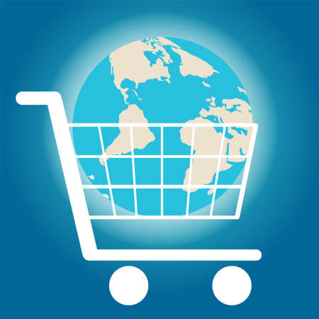 Shining earth in a shopping cart on a blue background. Vector illustrationのイラスト素材