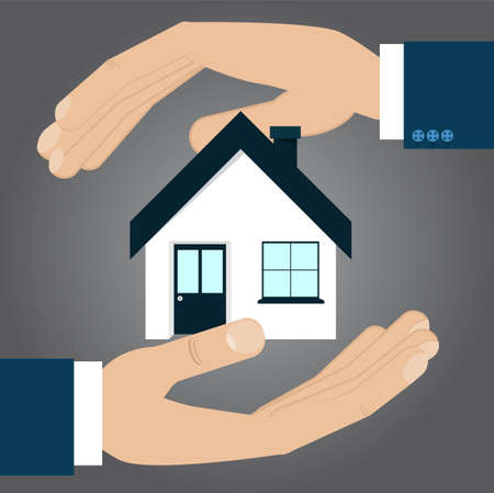 Hands protecting house, insurance concept. Vector illustrationのイラスト素材