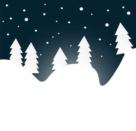 Winter night forest with snow flakes, flat vector illustrationのイラスト素材
