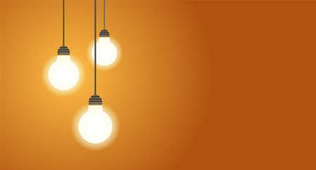 Three hanging light bulbs glowing on a yellow background. Place for your text. Vector illustration.のイラスト素材