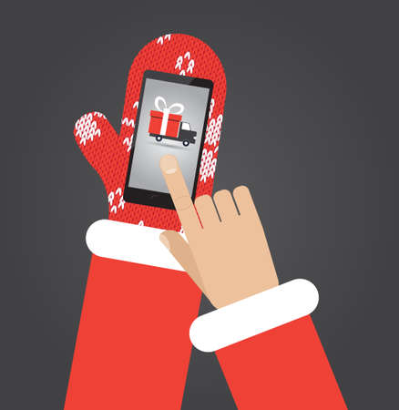 Santa's hand in red mittens click on smartphone with shopping app with shipping truck on screen. Flat vector illustration, christmas cardのイラスト素材
