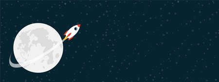 Rocket flying around the moon. Vector illustartion with copy space