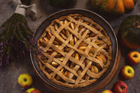 Preparation, Thanksgiving Day celebration. View from above. Baked apple pie in a baking sheet. Close-up. In the background are pumpkins. Making a traditional apple pie.の写真素材