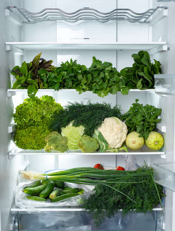 The refrigerator shelves with lots of green vegetables. Vegan food.の写真素材