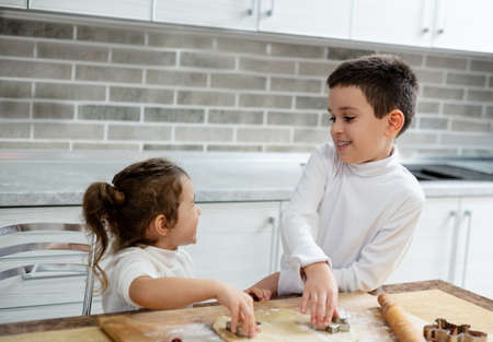 Brother and his sister smile at each other while preparing Christmas cookies.の写真素材