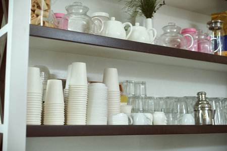 Empty glasses, cups, kettles and welding pans on the wooden shelf.の写真素材