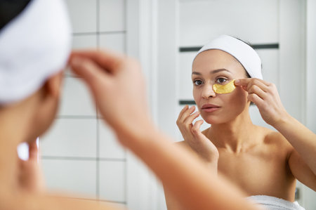 Cute woman puts patches under the eyes in the bathroom.の写真素材
