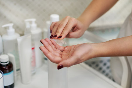 Beautician's hands while applying disinfectant gel to hands using a dispenserの写真素材