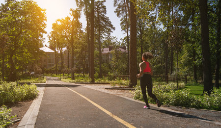 Woman runner jogging on a running way in the park on a sunset background